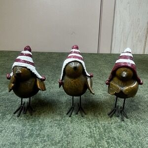 Christmas Red/White Winter Hat Decorative Brown Resin Bird Figurine Lot of 3